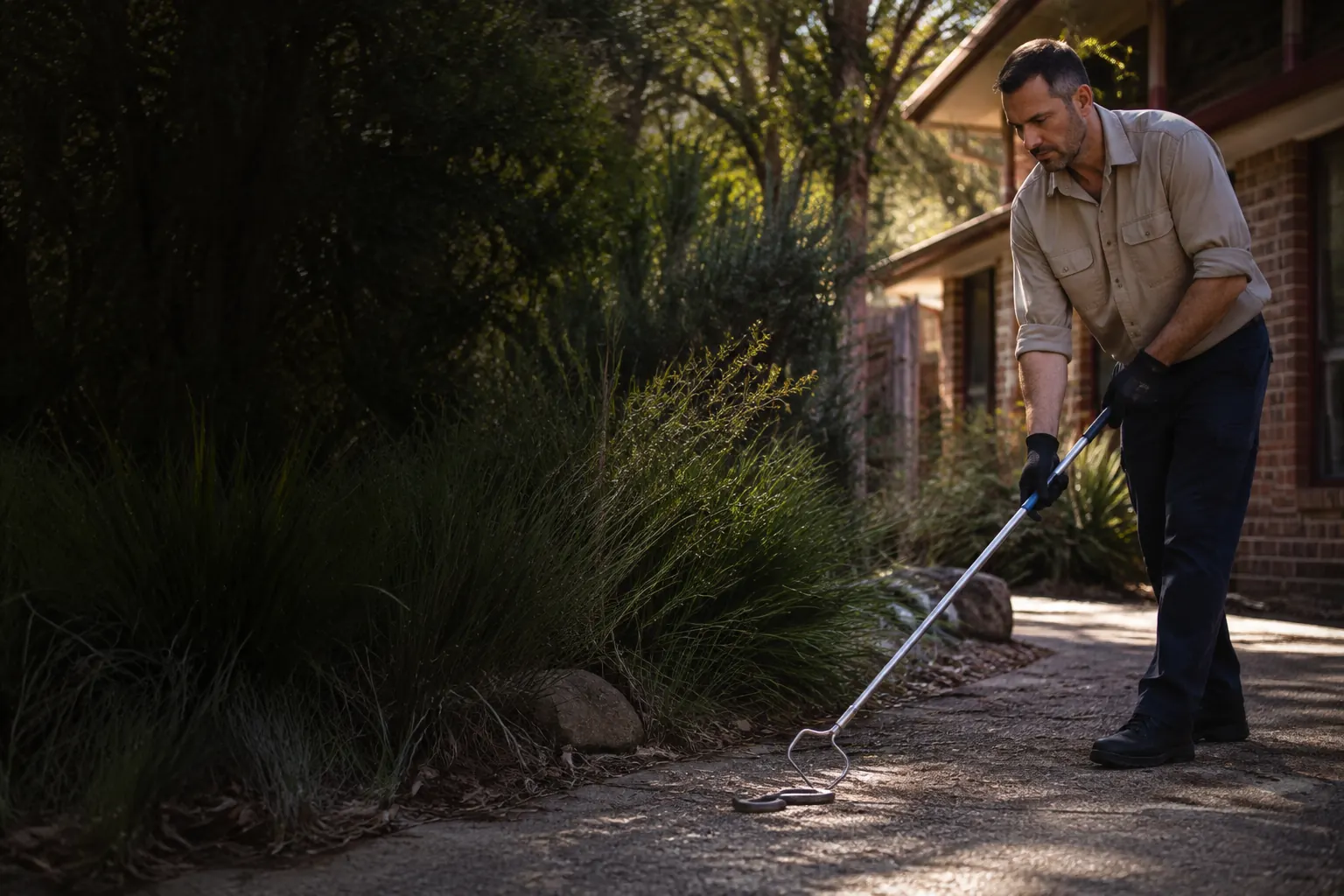 Professional handler assessing a snake on a garden path