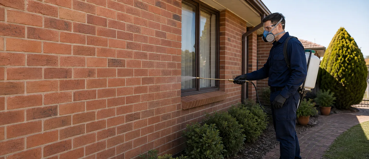 Pest control technician spraying the exterior brick wall and window perimeter of a house for spiders