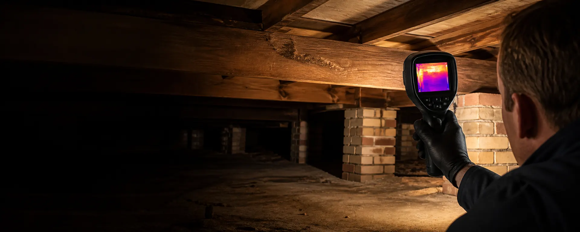 Technician inspecting timber subfloor for termite activity