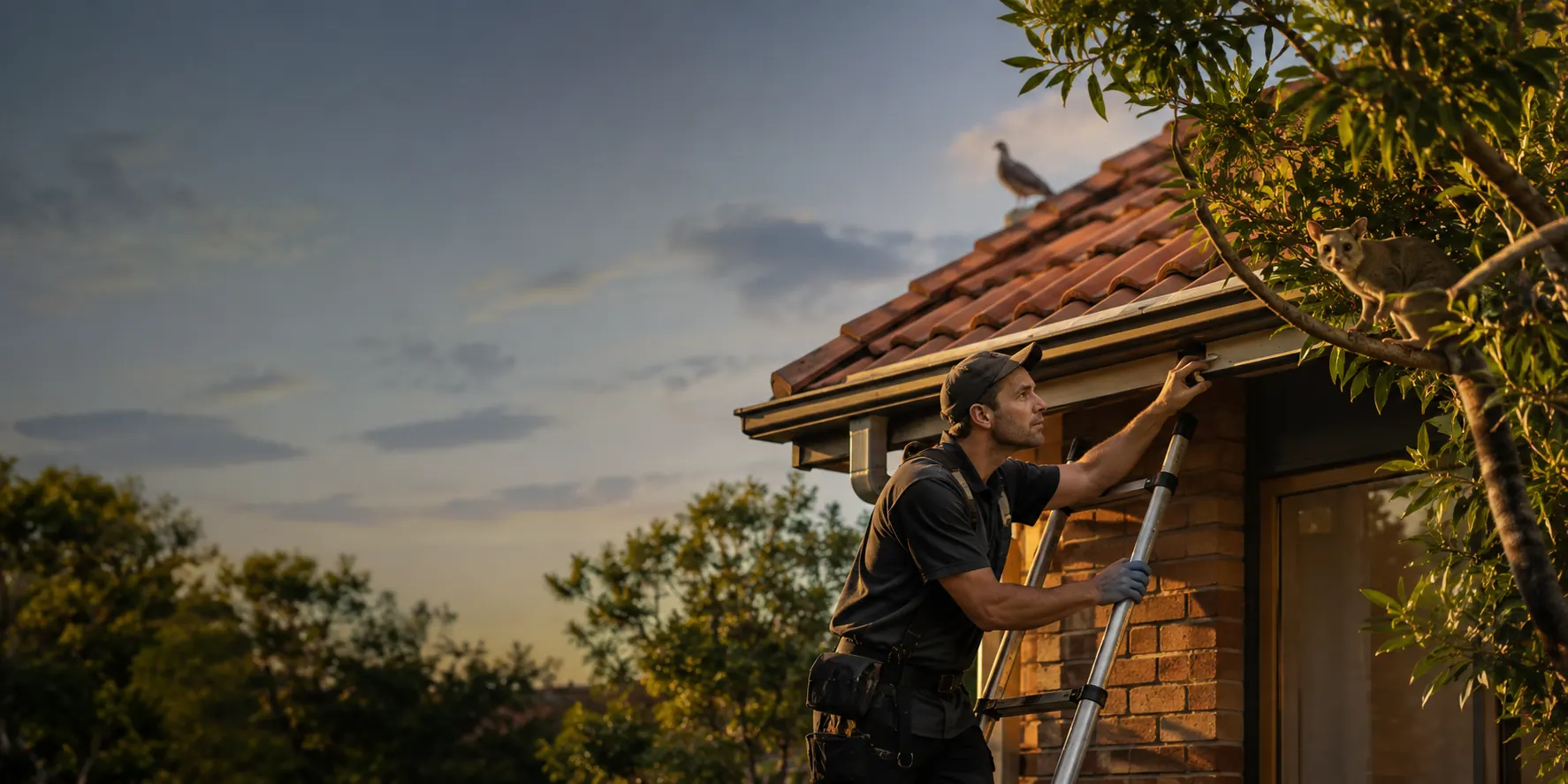 Humane wildlife inspection around a suburban roofline